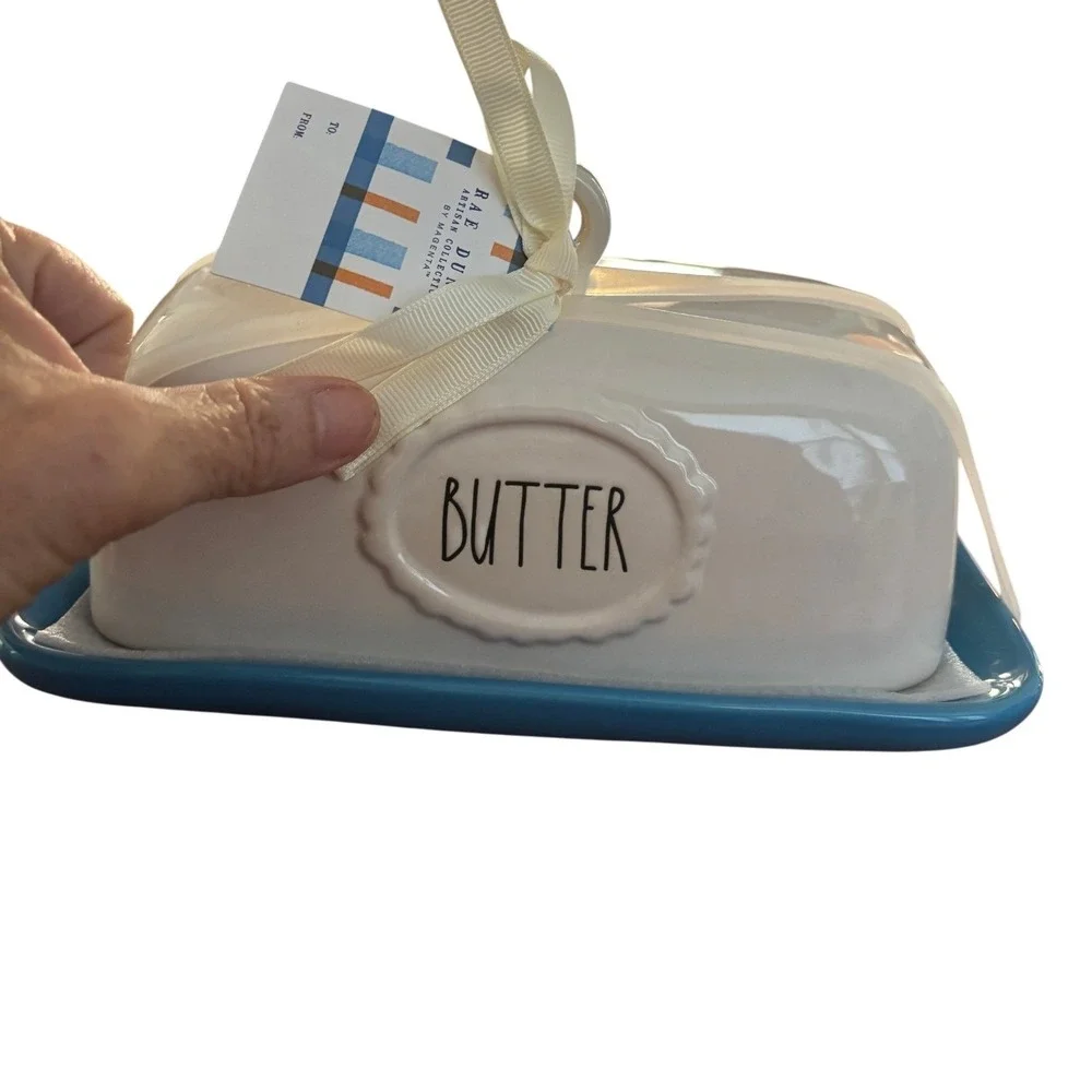 Rae Dunn Artisan Collection Butter Dish Blue Tray White Lid Ceramic Magenta NWT